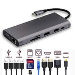 Type C- Docking Station Adapter with HDMI, VGA, RJ45, PD3.0, USB3.0, SD/TF, 3.5mm Audio+Micro Compatible for MacBook/Pro/Air (Thunderbolt 3),iPad,and More Type C Laptops