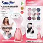 Sonifer Garment Steamer SF-9077, .Stainless steel Panel .Two Led Light Display .Flat ironing and Vertical ironing .Prevent dripping water .Simple design .Pre-heating .Water tank 170ml AC 220-240V 50/60Hz 1000W