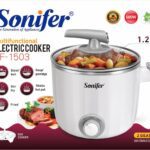Sonifer Multifunctional Electric cooker SF- 1503 .Capacity: 1.2L .Knob adjustment .304 stainless steel .Glass cover .Multi use in one pot .Compact and easy to store .With egg cooker AC 220-240V 50/60Hz 600W