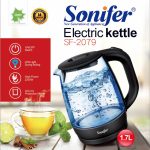 Sonifer Kettle SF-2079 Glass Cordless electric water kettle .Capacity 1.7L .Automatically turns off when the water boiling .Dry boil protection .LED indicator .Water level indicator .With standing base .AC 220-240 V 50/60 Hz 1850-2200 W