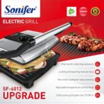 Sonifer Electric Grill SF-6012, Stainless steel body surface .Non-stick grill cooking soleplate .Closed hinge for easy cleaning , Cool touch housing provides extra safety ,Slide-resistant feet
